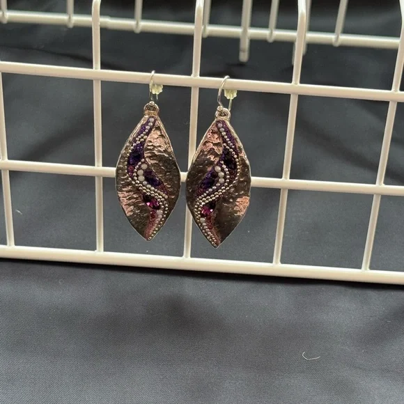 Vintage 925 Israeli Silver Hammered Leaf Design amethyst and pearls Bobo artisan - Picture 5 of 5